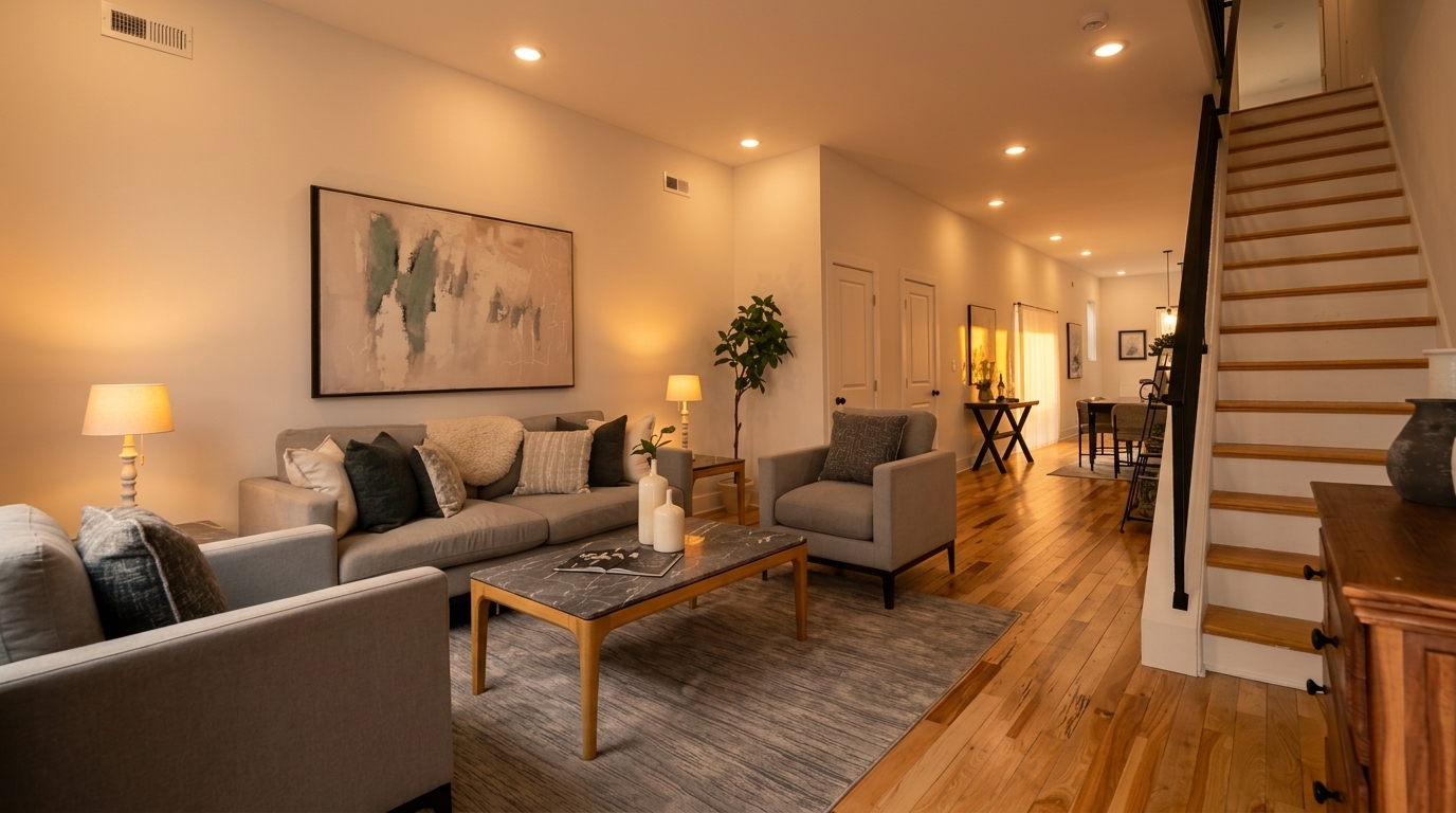 After: cinematic render with warm golden-hour lighting
